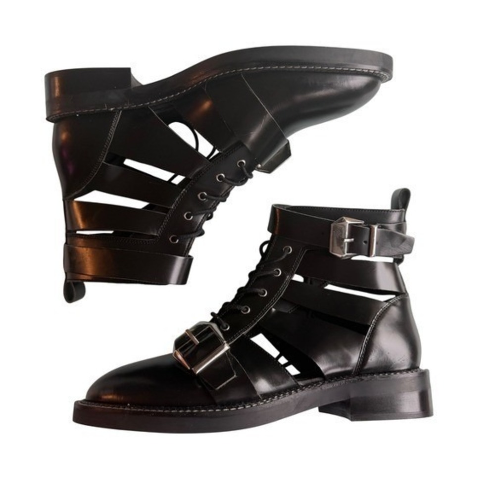 ASOS Caged Combat Boots Black Leather Buckle Grunge Punk Goth Unisex W11 M9